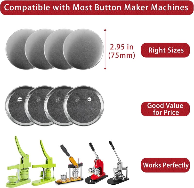Onemorello 100 Sets Button Maker Supplies, 75mm / 2.95 inch Button Supplies Buttons Parts, (Approx. 3 inch) Metal Blank Badge Parts with Blank Paper for Buttons Maker Machine Pin Maker Press - Image 3